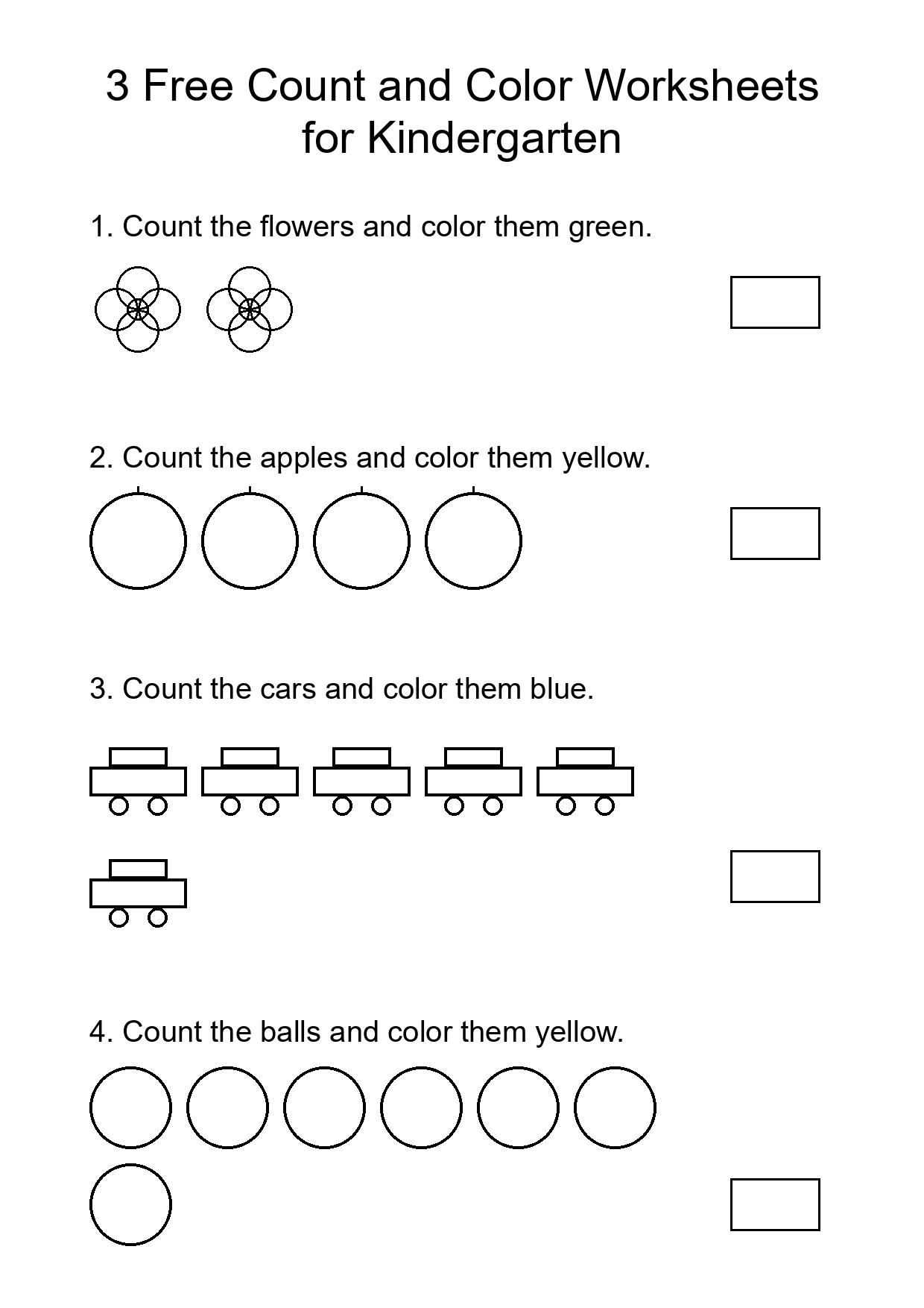 3 Free Count and Color Worksheets for Kindergarten