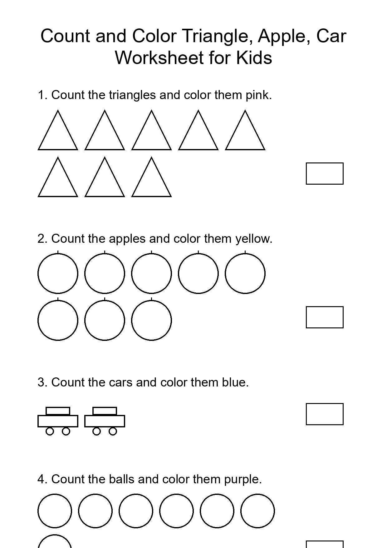 Count and Color Triangle, Apple, Car Worksheet for Kids