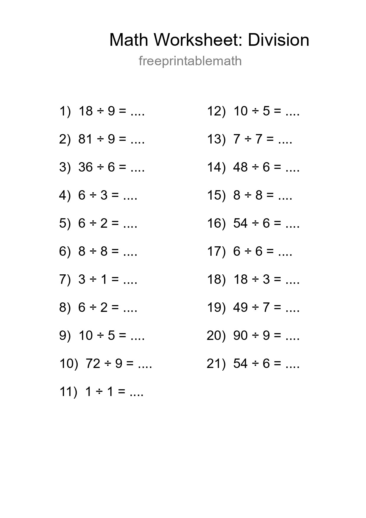 Free 21 Division Math Worksheet For Grade 1 With Answers - Part 14