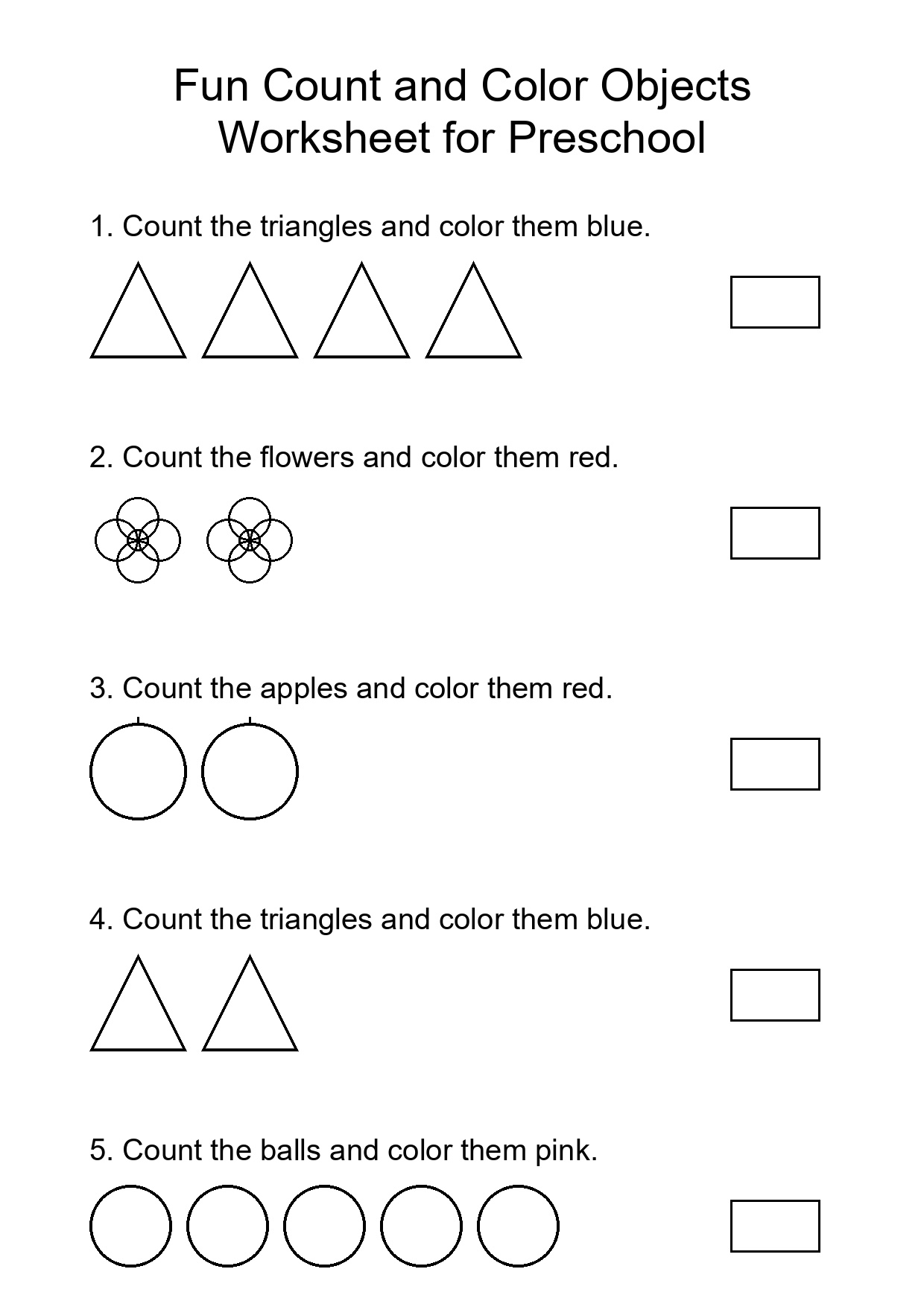 Fun Count and Color Objects Worksheet for Preschool
