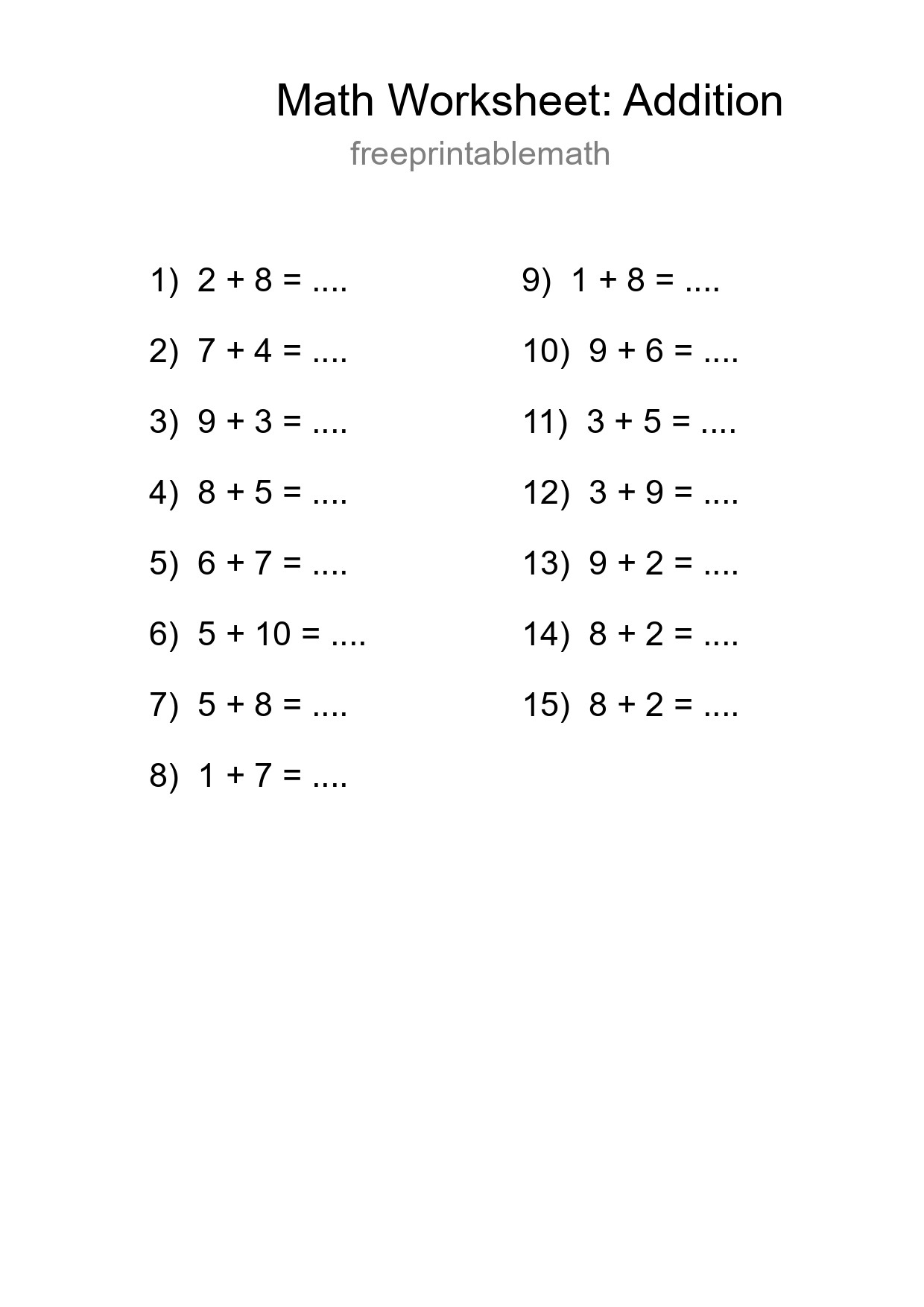 Grade 1 Addition Practice Worksheet (15 Problems) - Part 31