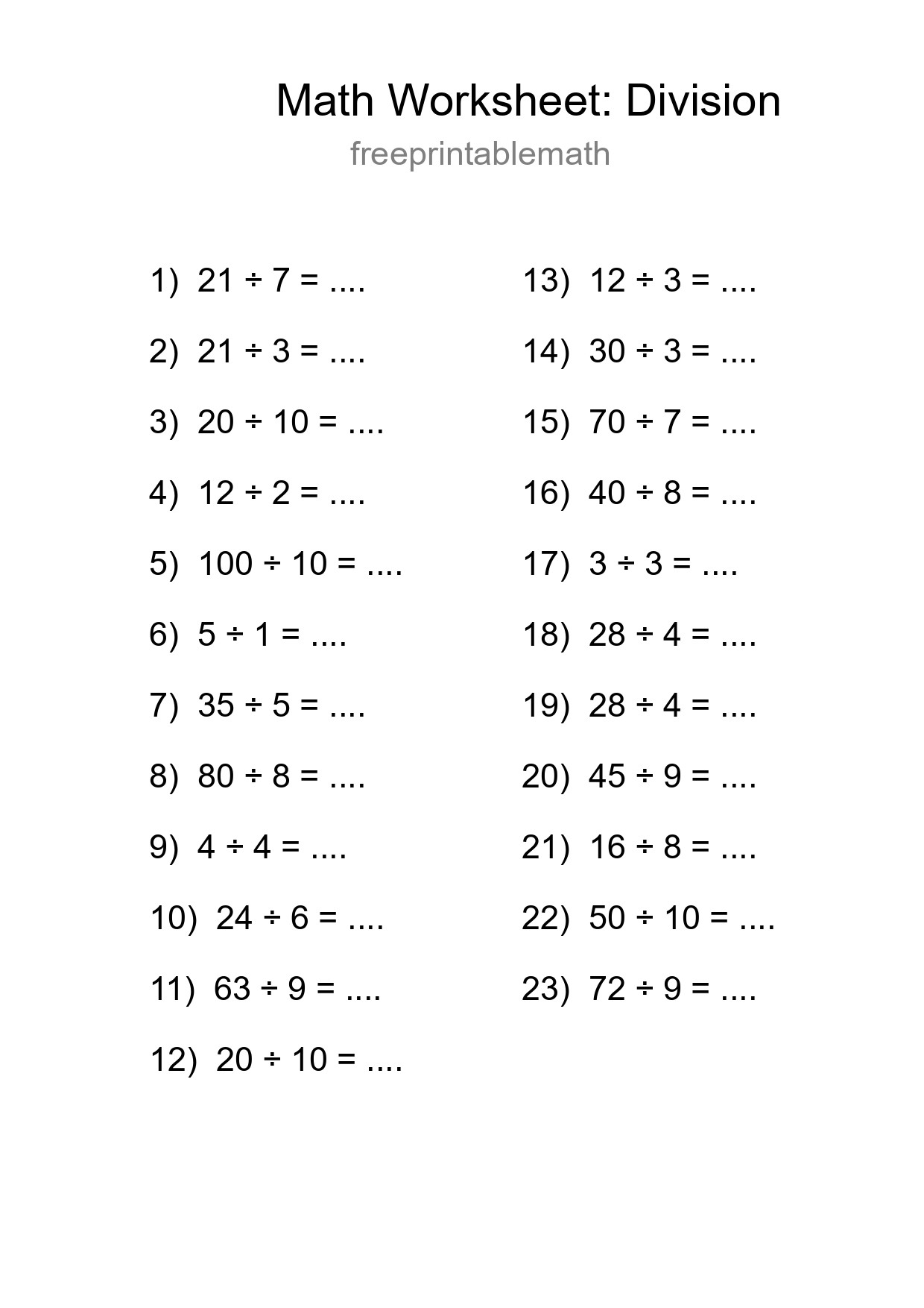 Grade 1 Division Practice Worksheet (23 Problems) - Part 24
