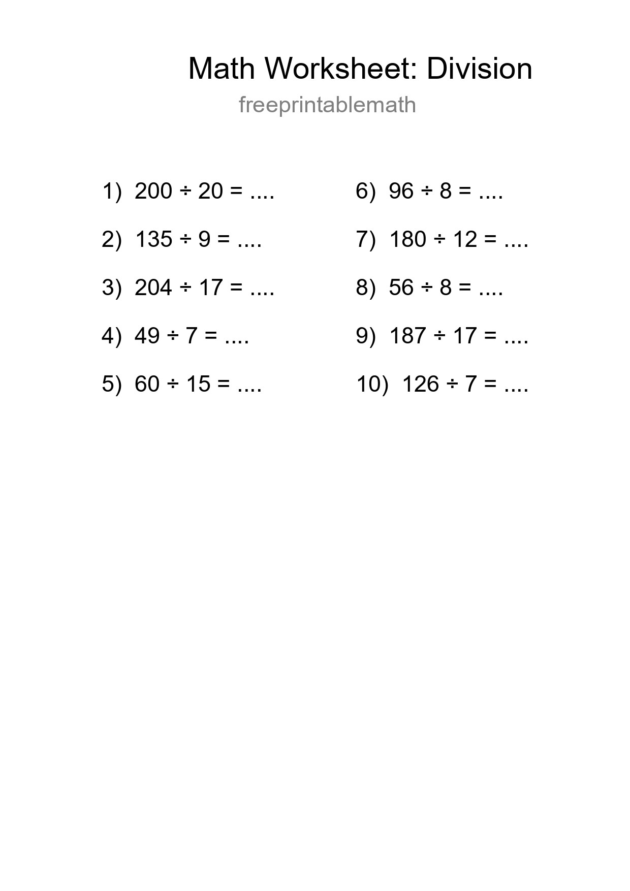 Grade 2 Division Practice Worksheet (10 Problems) - Part 4