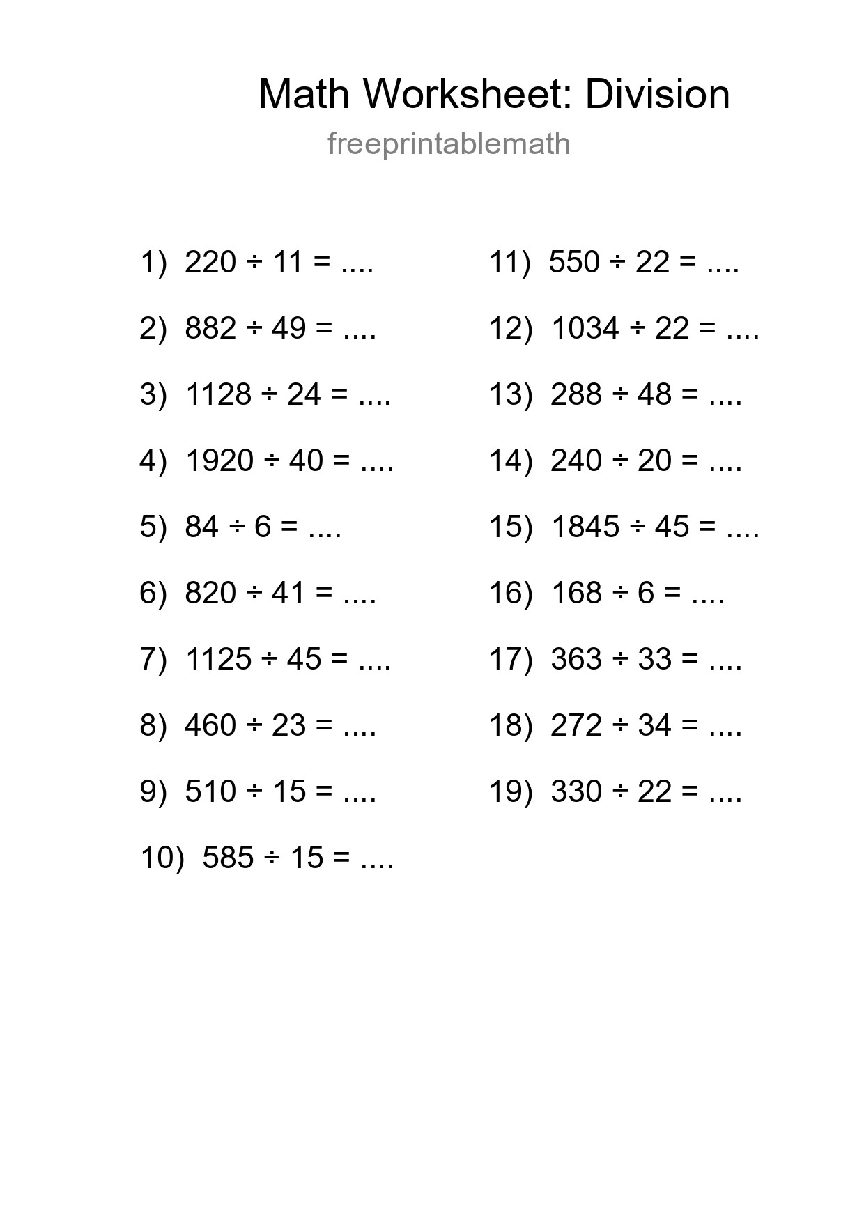 Grade 2 Division Practice Worksheet (19 Problems) - Part 44