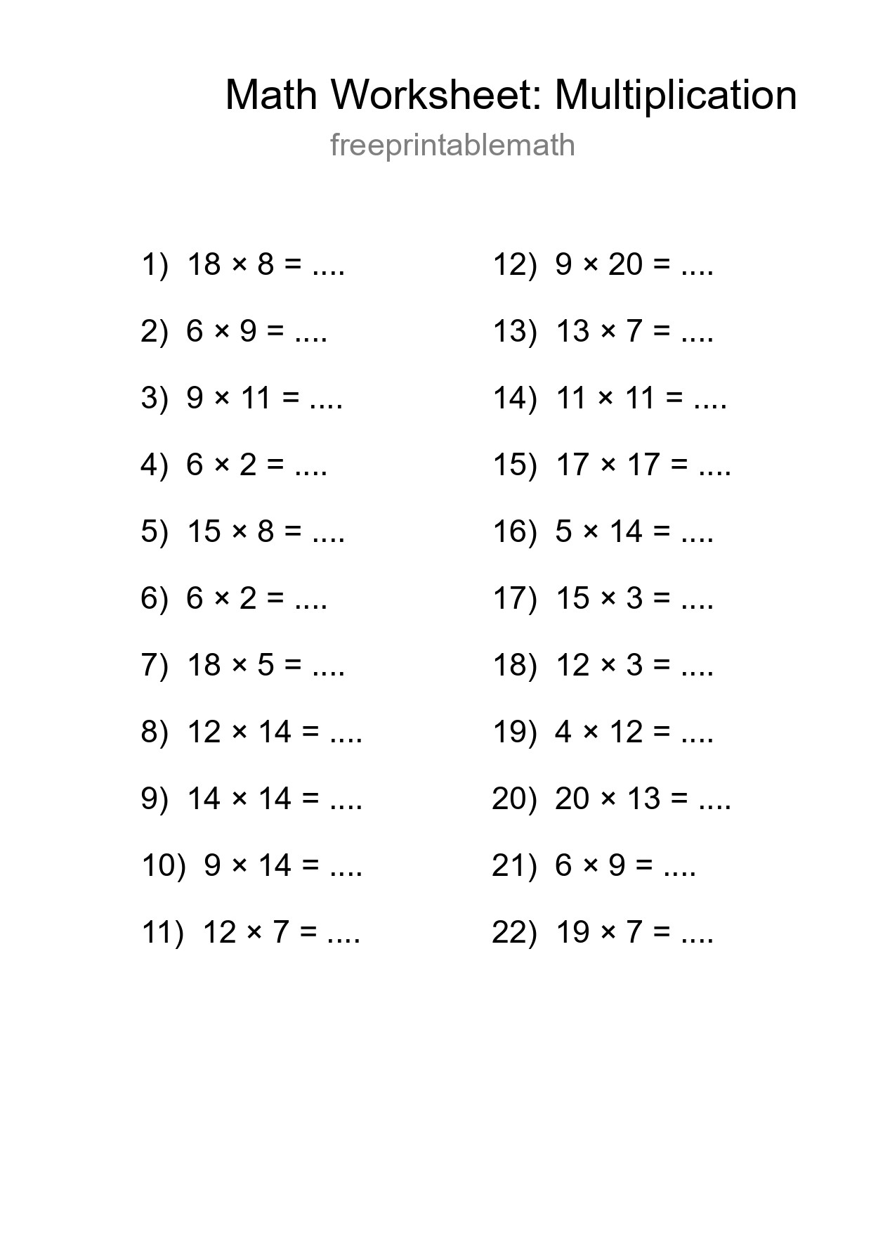 Grade 2 Multiplication Practice Worksheet (22 Problems) - Part 17