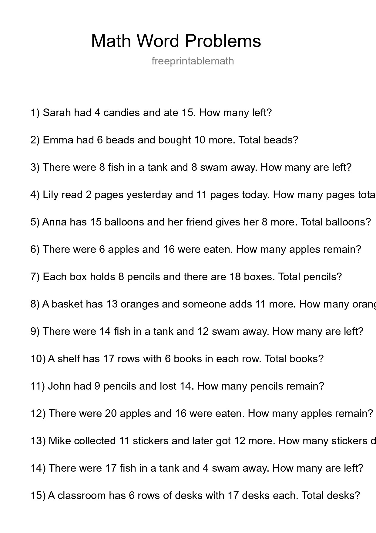 Math Word Problem Worksheet