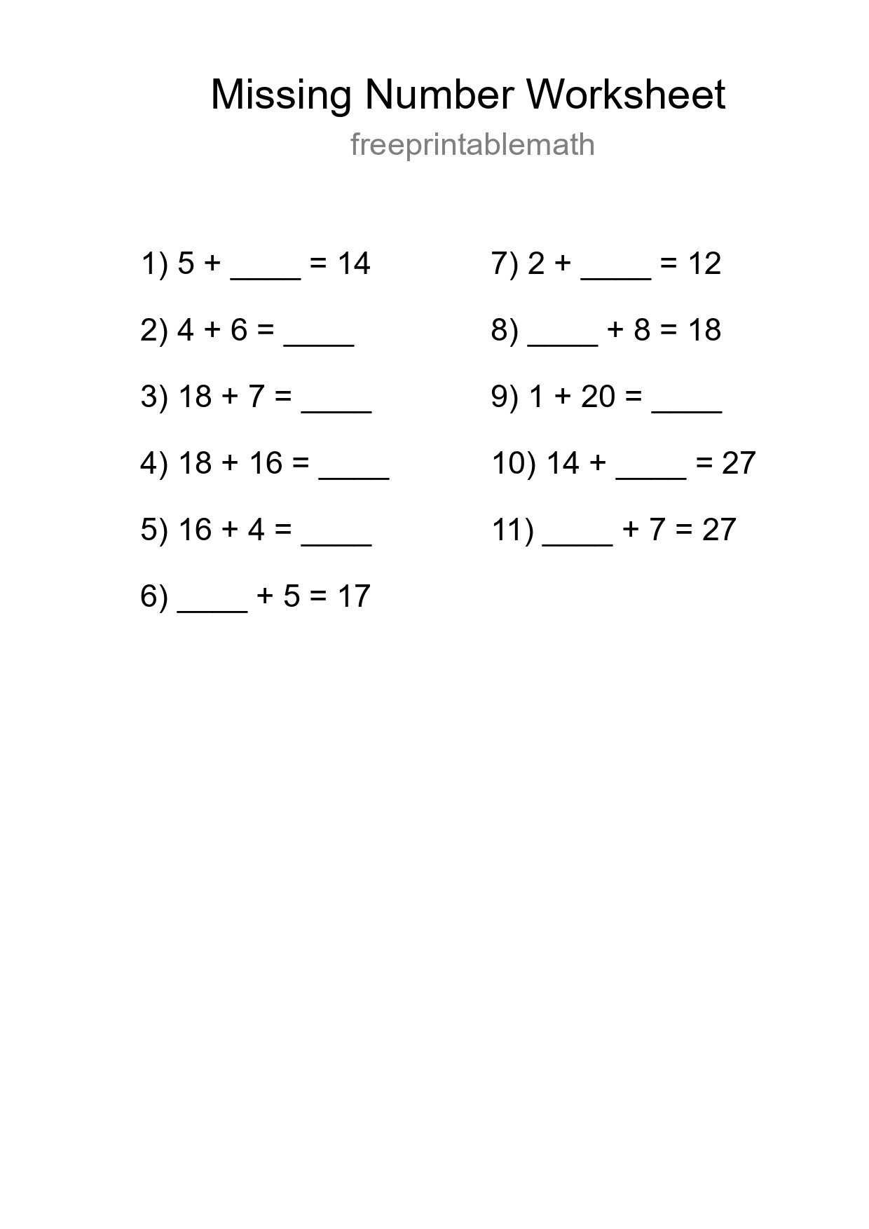 Missing Number Math Worksheet