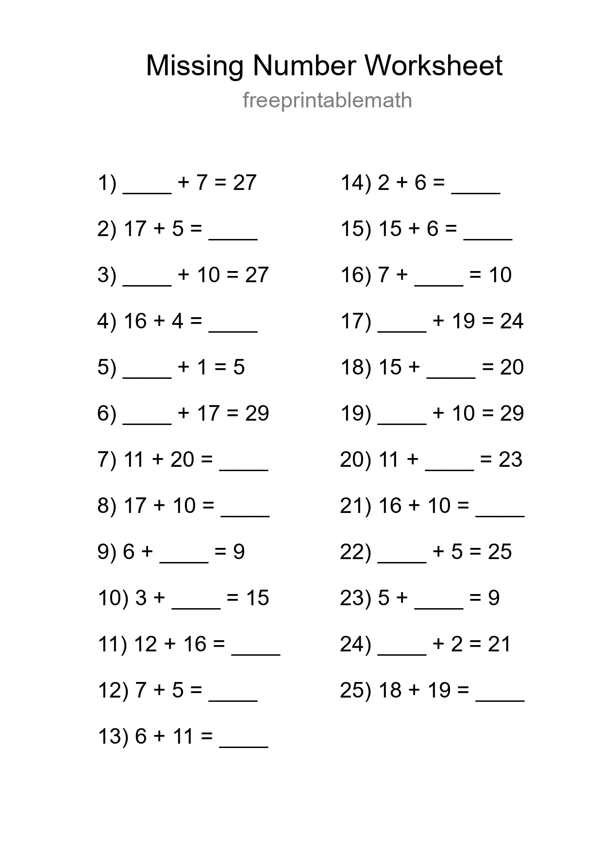 Missing Number Math Worksheet
