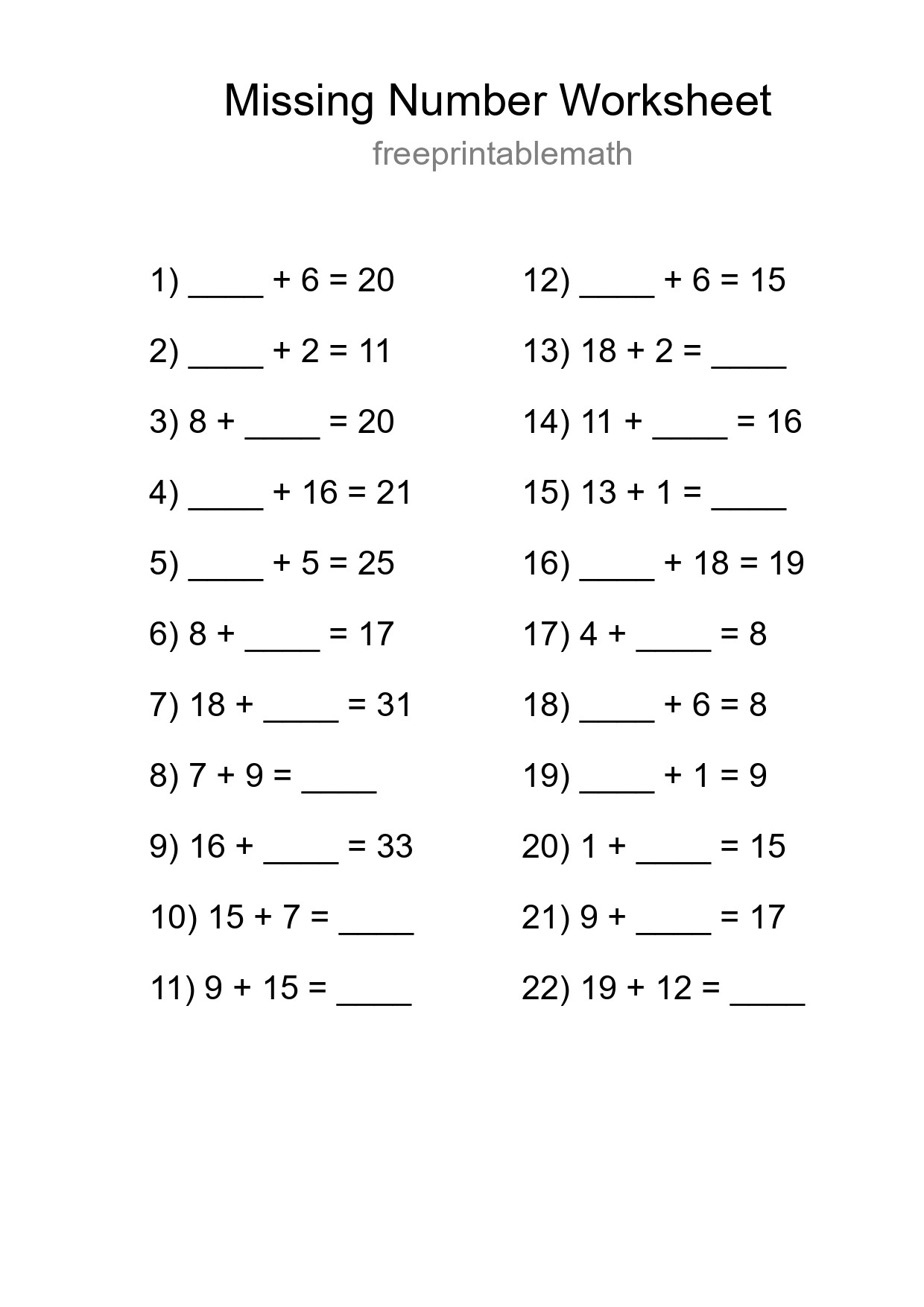 Missing Number Math Worksheet