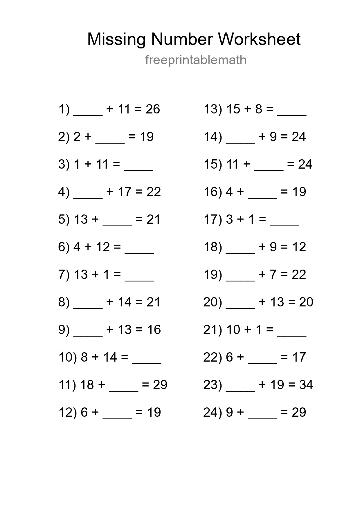 Missing Number Math Worksheet