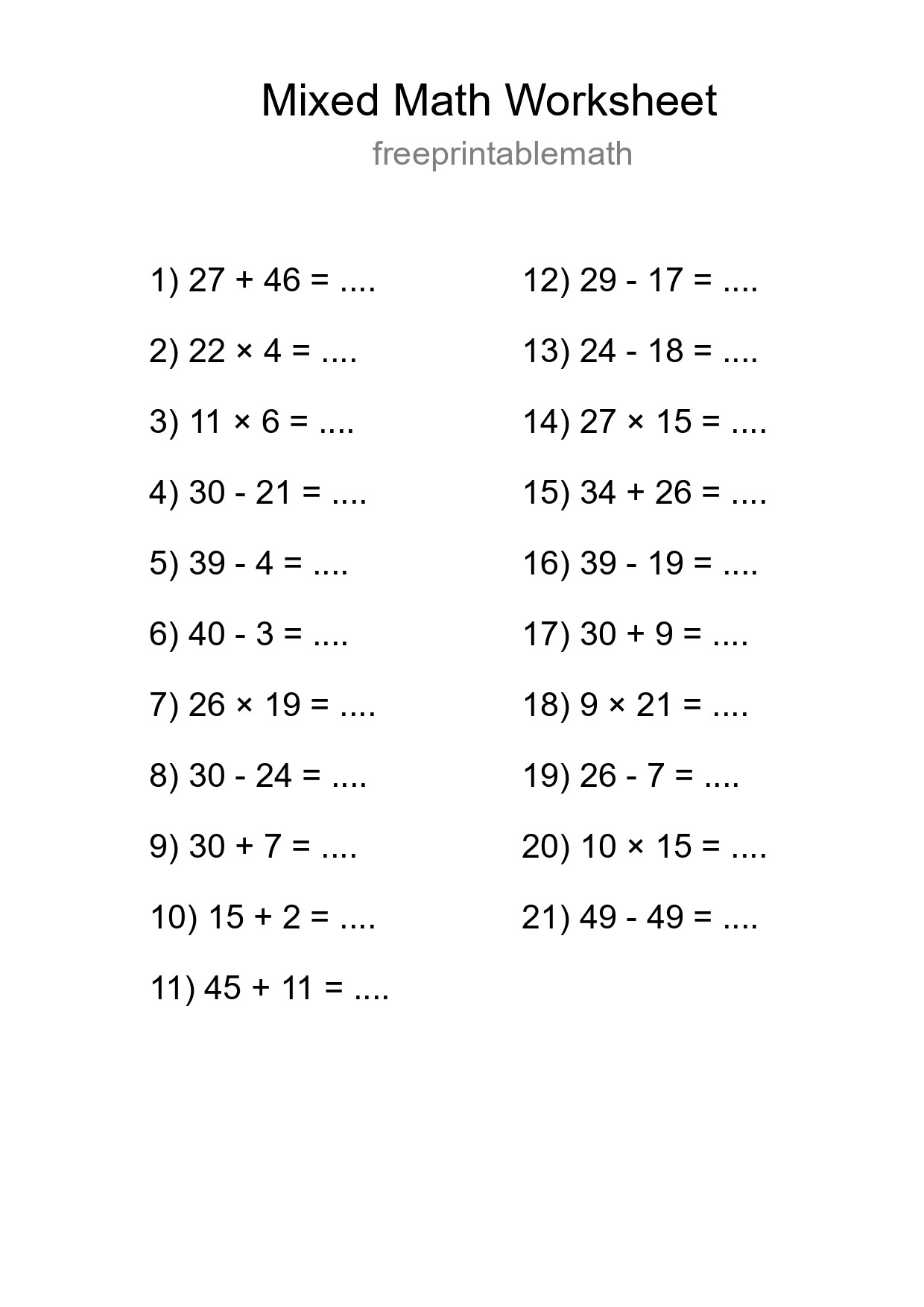 Mixed Operations Math Worksheet