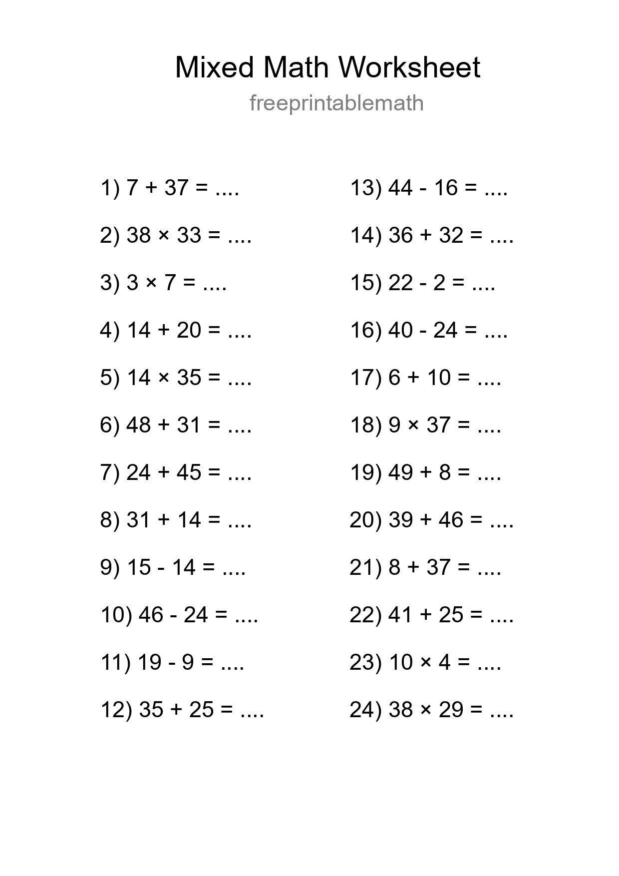 Mixed Operations Math Worksheet