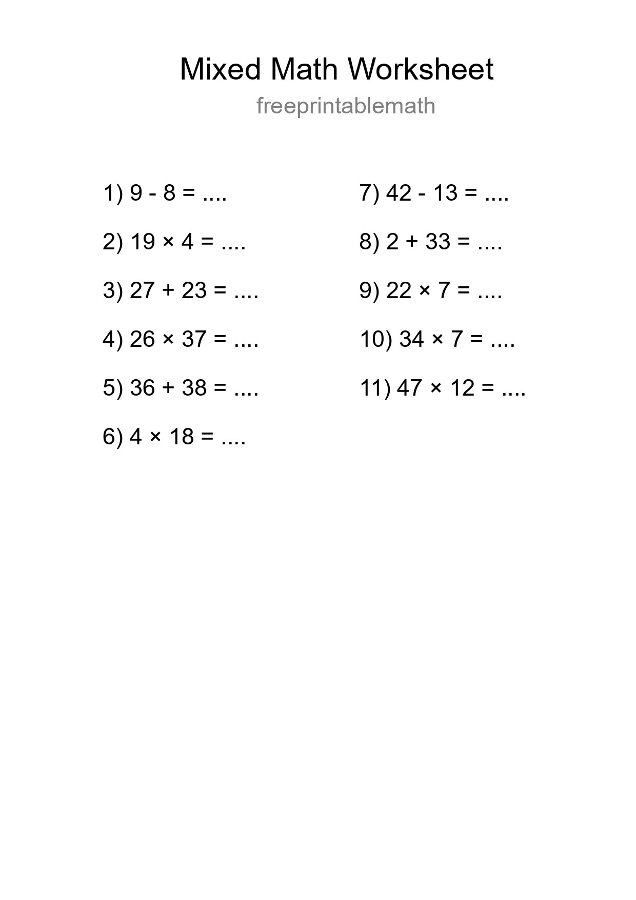 Mixed Operations Math Worksheet