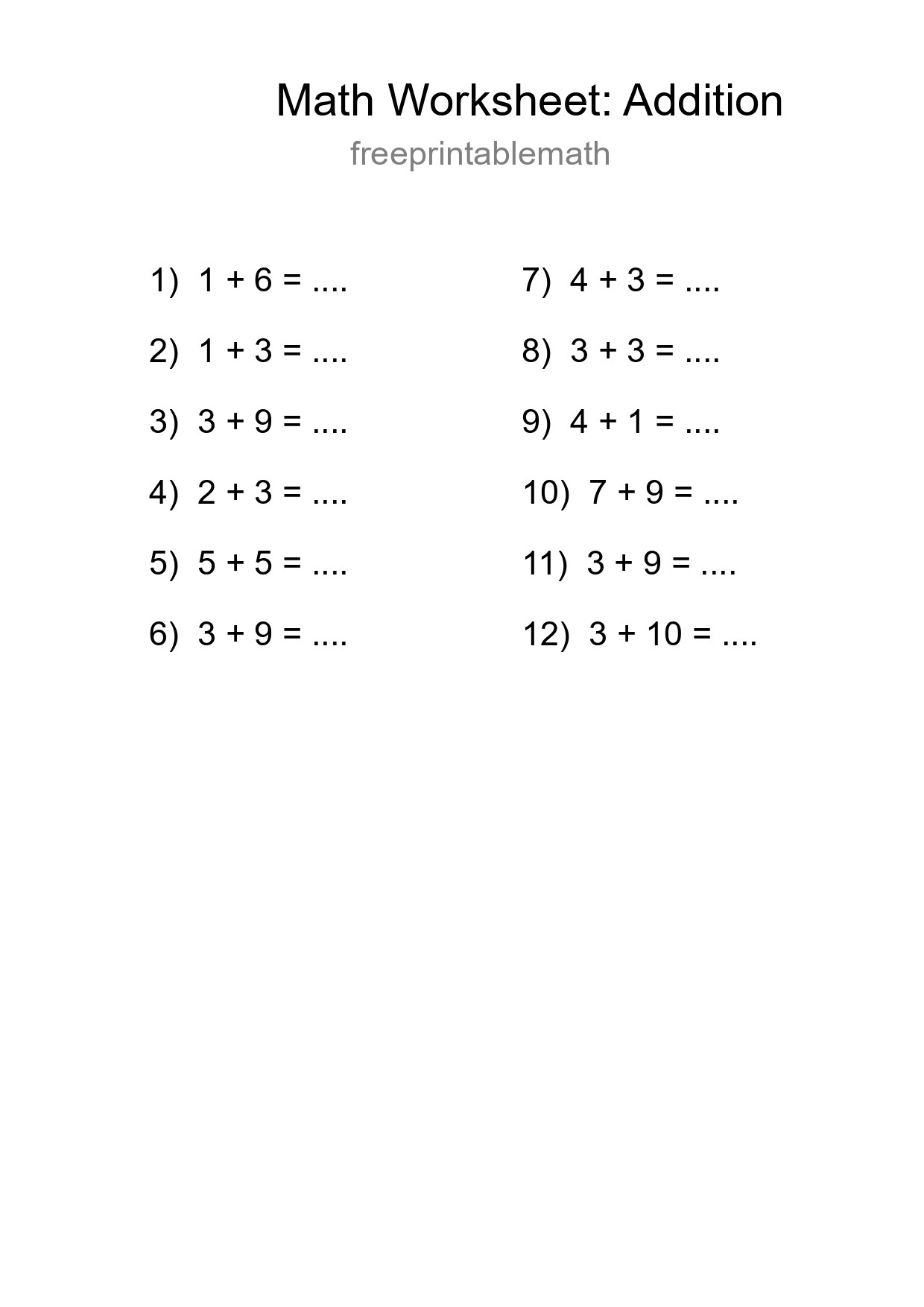 Printable Free 12 Addition Math Worksheet For Grade 1 - Part 21