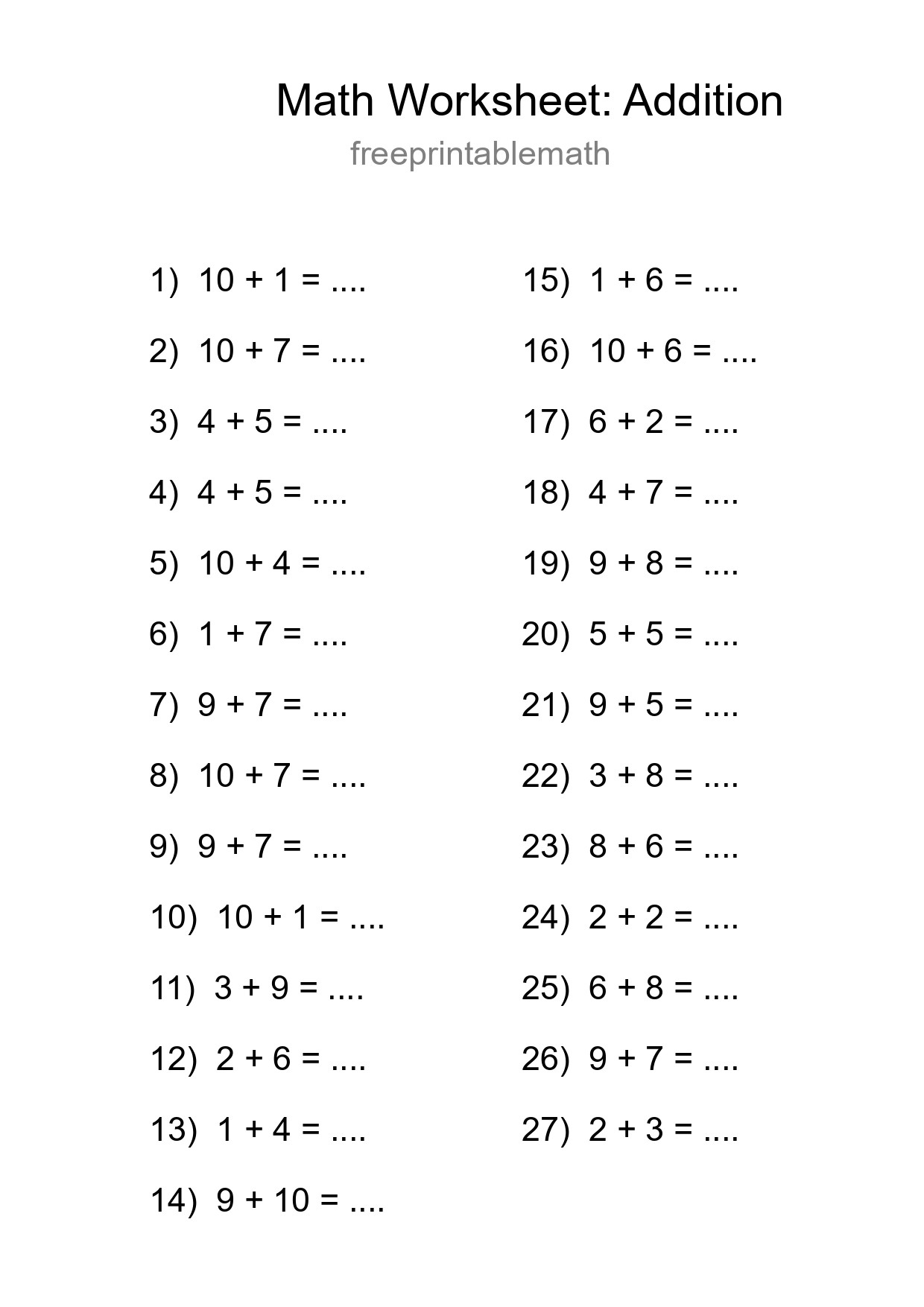 Printable Free 27 Addition Math Worksheet For Grade 1 - Part 11