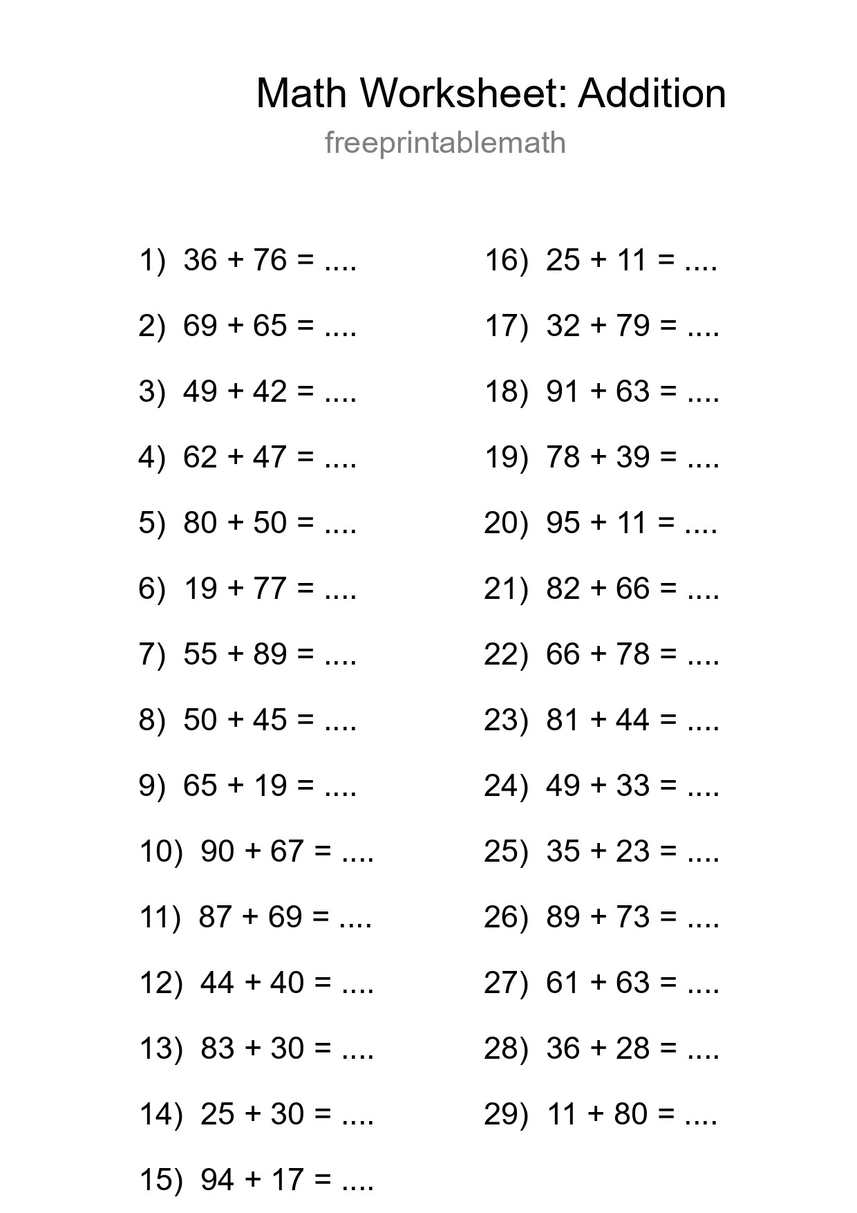 Printable Free 29 Addition Math Worksheet For Grade 3